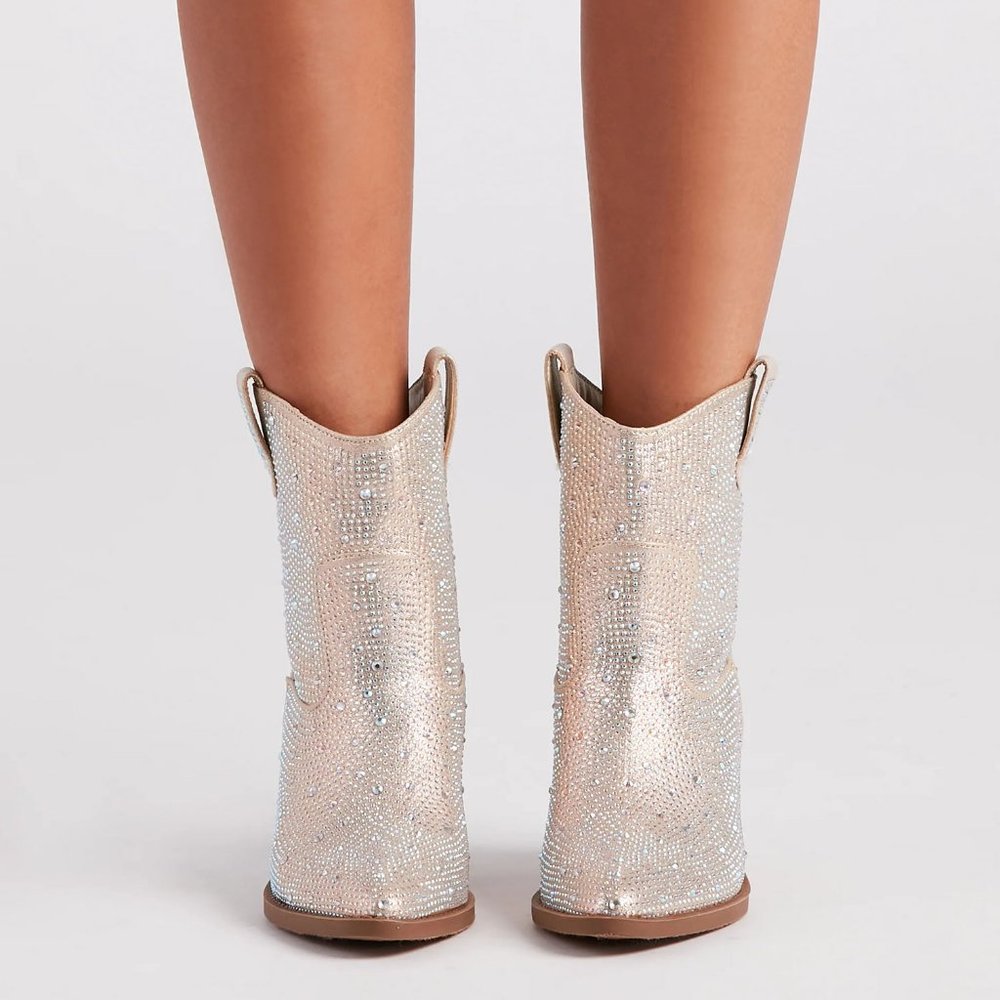 NEW🔥 Champagne Rhinestone Cowboy Cowgirl Western Booties Ankle Boots Block Heel - Picture 5 of 6